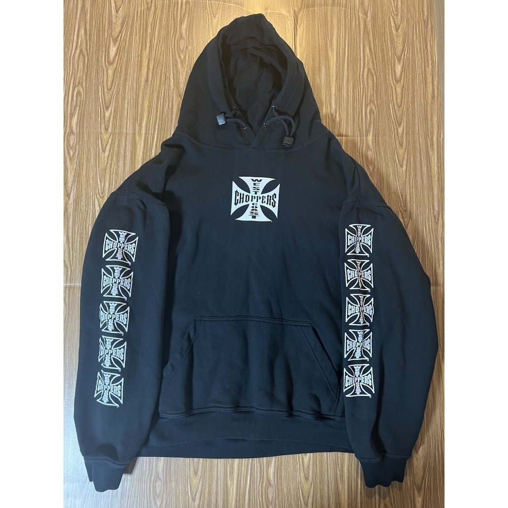 Vintage Y2K West Coast Choppers Hoodie Size Large Black Long Beach Iron Cross